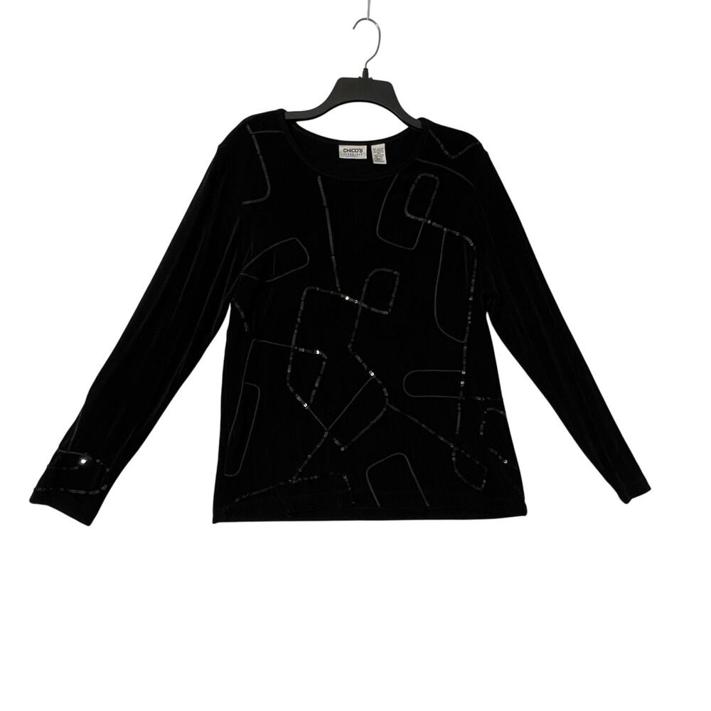 CHICOS Travelers Top Womens 2 Large Black Sequin Long Sleeve Acetate Stretch